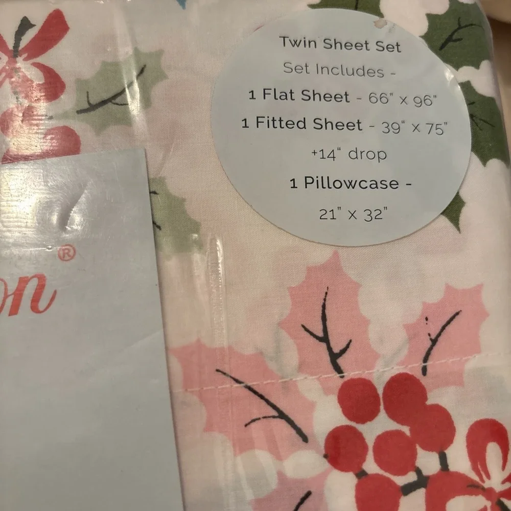 CATH KIDSTON 3‎ Piece CHRISTMAS HOLLY Twin Sheet Set NIP